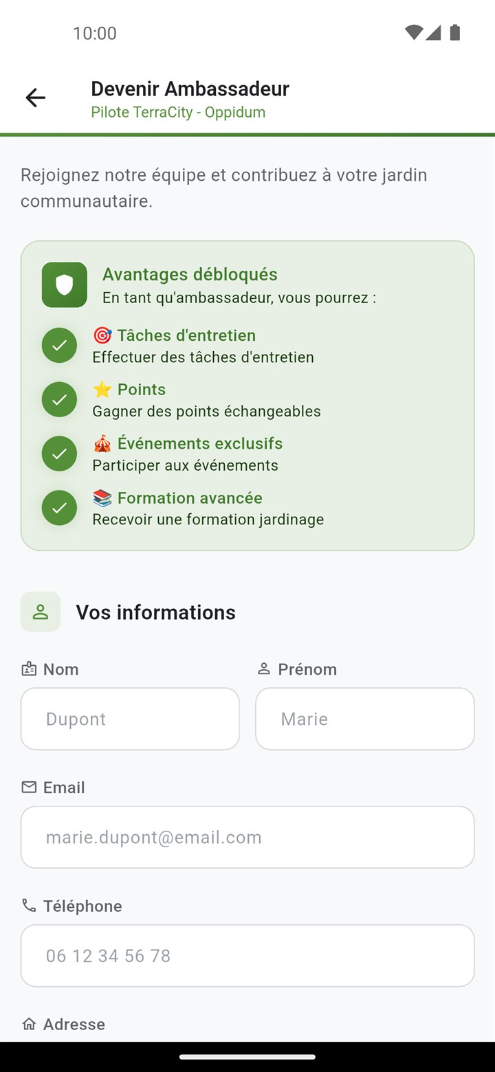 Capture de l'application TerraCity : écran « Devenir ambassadeur » avec tâches d'entretien, points échangeables, événements exclusifs et formation.