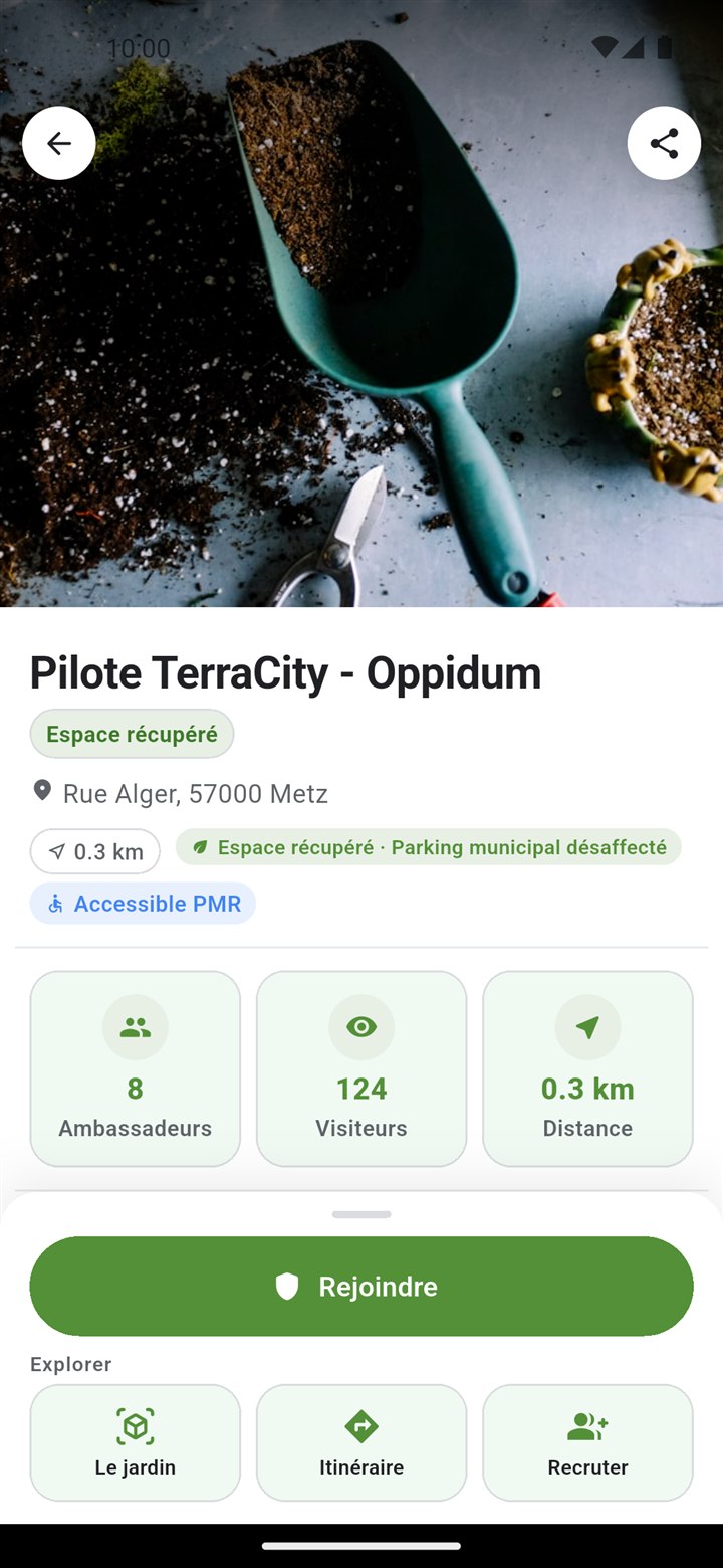 Capture de l'application TerraCity : fiche du jardin « Pilote TerraCity - Oppidum » à Metz, avec les boutons Rejoindre, Le jardin, Itinéraire et Recruter.