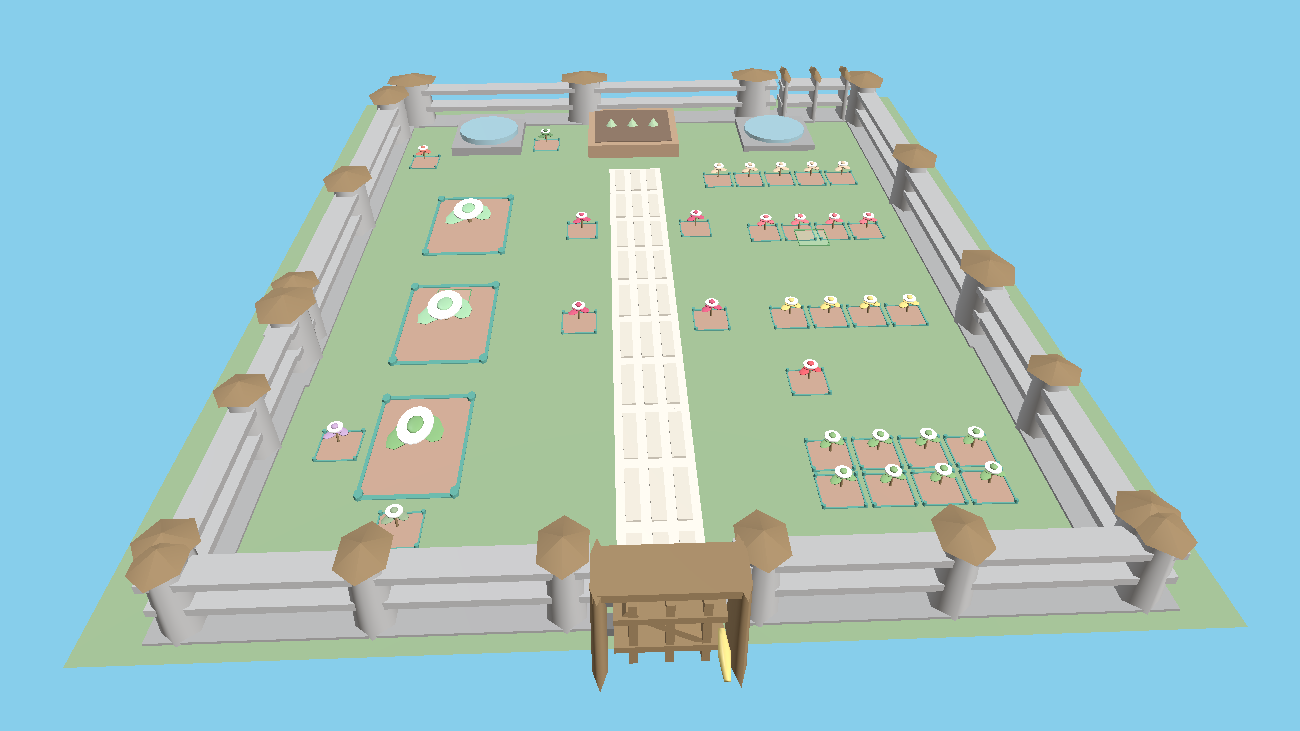 Plan 3D du jardin pilote dans TerraCity : parcelles, bacs, arbres et bassins